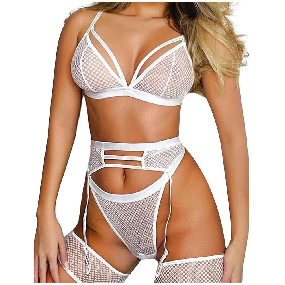 Sexy Lingerie For Women Sheer Fish Net Bra Panties Sets Underwear With Suspenders Leg Ring Thigh-Highs Garter Belt For Stockings