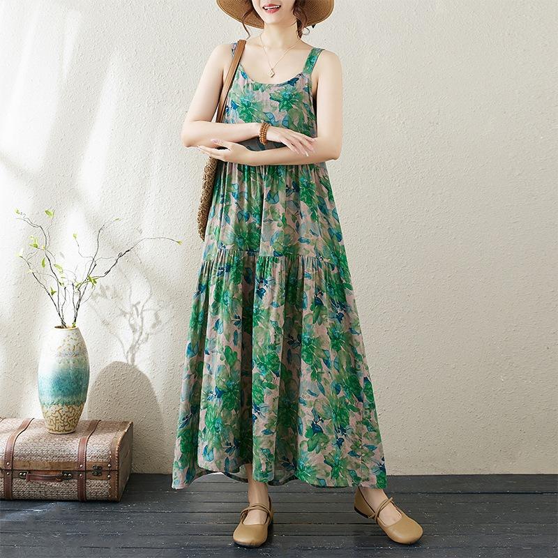 Sommerlich literarischer und retro lockerer A-Linienrock ärmelloses Außenhand-Westenkleid Damen