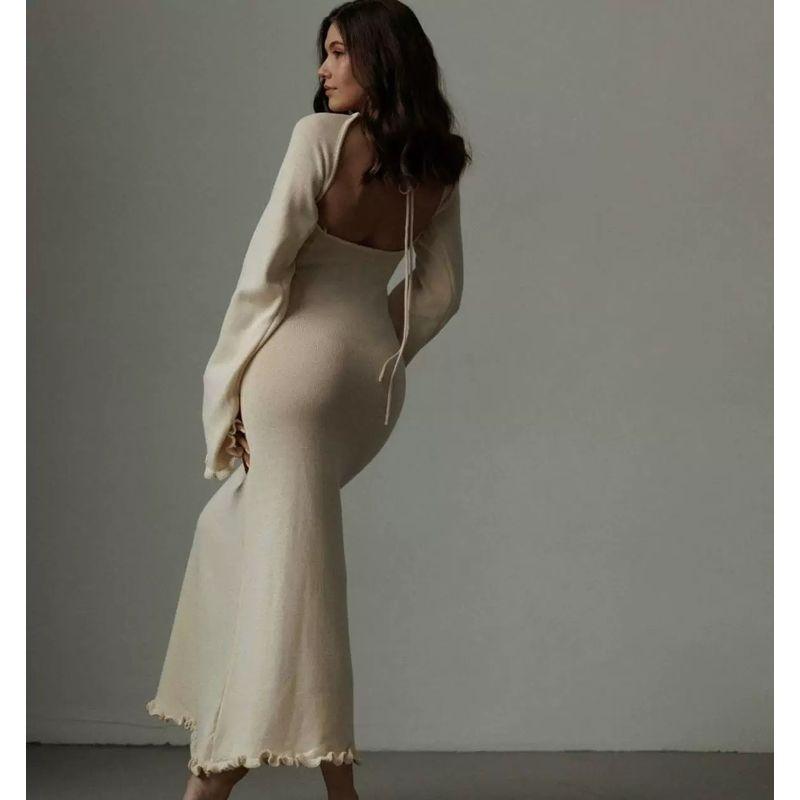 

Sexy Big Backless Slim Fit Comfortable Shoelace Knitted Group Bell Sleeve Stringy Selvedge Dress Women Apricot color S
