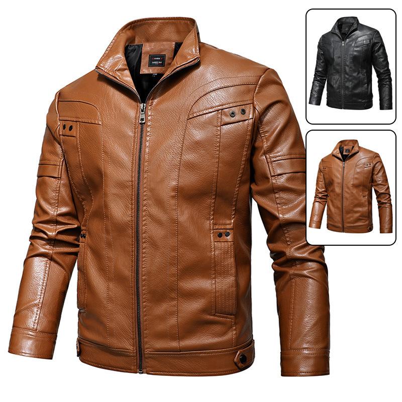 Men's Stand-Up Collar Business Casual Leather Jacket PU Men's Motorcycle Leather Jacket Men's American