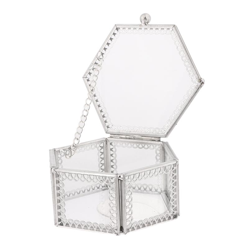 Hexagon Transparent Glass Storage Box Jewelry Ring Earring Beads Coins Display Case Keepsake Organizer Tabletop Container