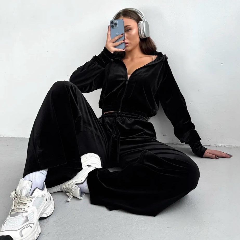 Fashion Women's Clothing Suit Velvet Solid Color Autumn and Winter Casual Zipper Stand-up Collar Long-sleeved Trousers Two-piece Set Women