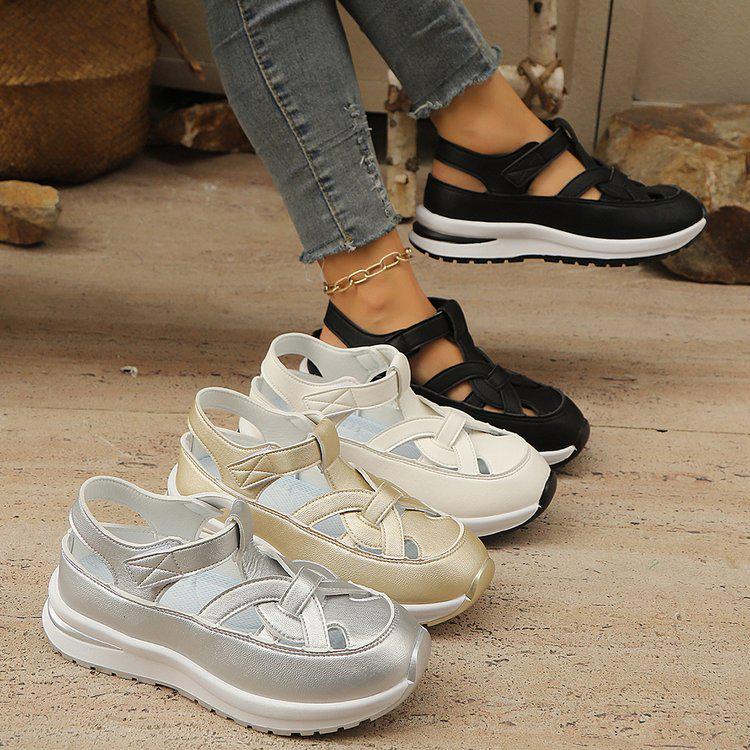 2025 Summer Women's Platform Closed-Toe Wedge Sandals, Breathable, Hollow Design, Plus Size 43, Thick Sole, Velcro Closure