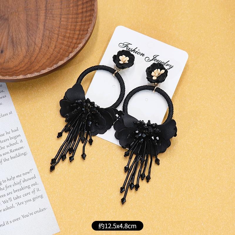 Bohemian Crystal Fringed Flower Large Circle Stud Earrings Women's Long Temperament Vacation Earrings Retro Earrings