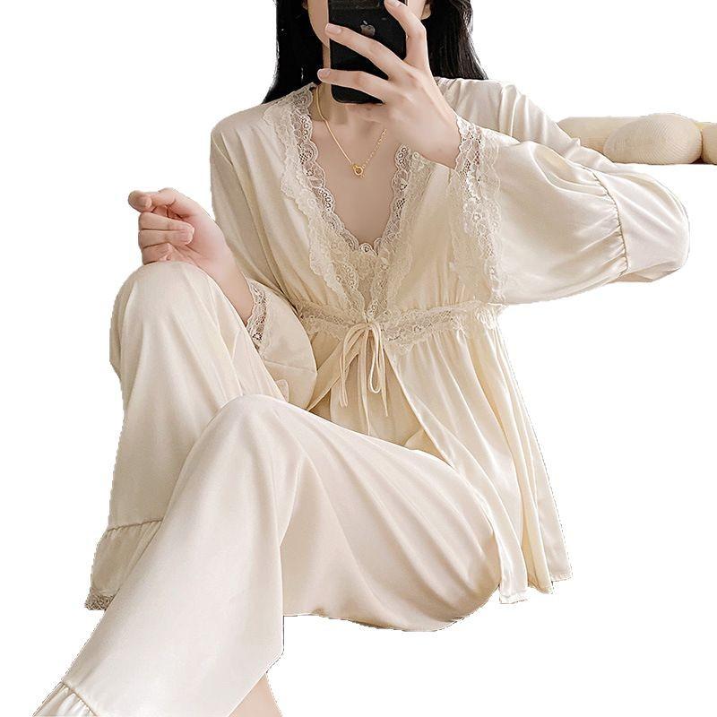 Ruth's Ice Silk V-Neck Pajamas: Women's High-End Spring/Summer Three-Piece Set for Home or Out.