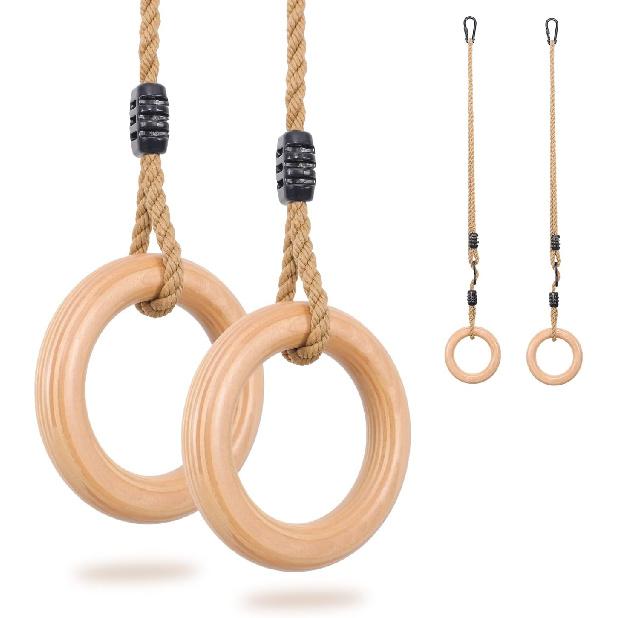 YAERSI Wooden Gymnastics Rings,Pull Up Rings with Adjustable Buckle, Wooden Swing Rings for Kid's Home Exercise