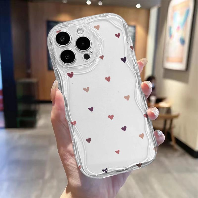 Colorful Love Heart Pattern Clear Silicone Phone Case For IPhone 17 17E 16 16E 15 Pro Max 14 11 13 12 Plus Soft Wavy Edge Cover