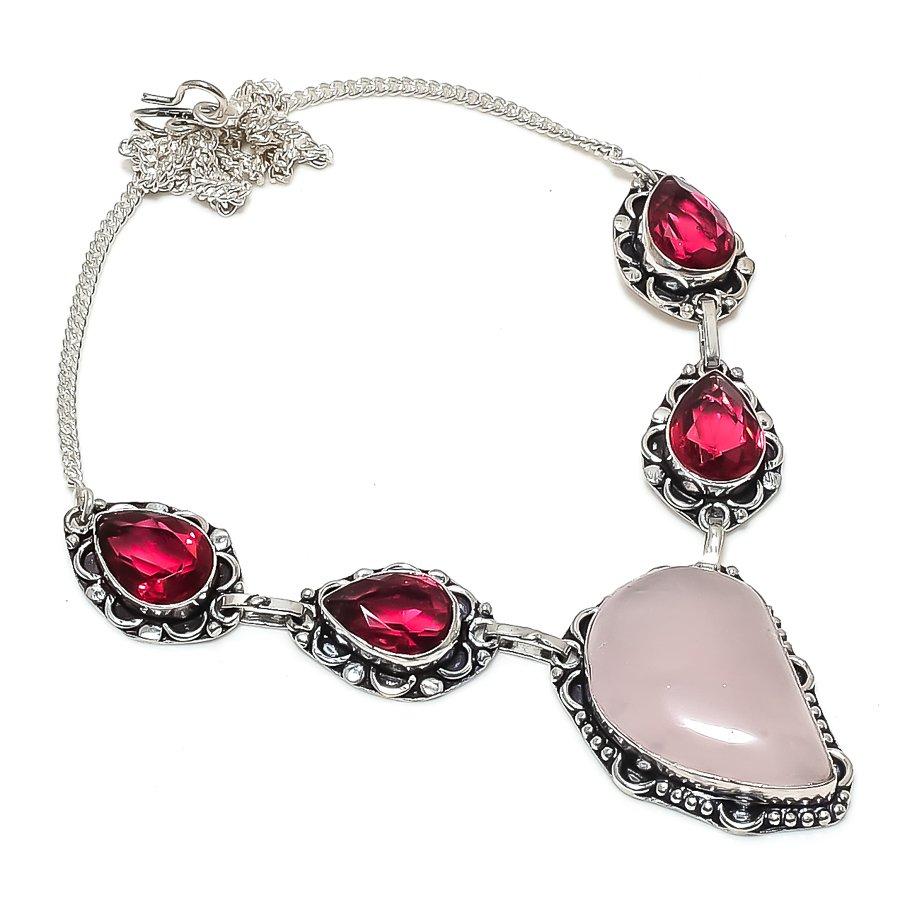 Natural Rose Quartz, Rubillite 925 Sterling Silver Jewelry Necklace 18" r0I94