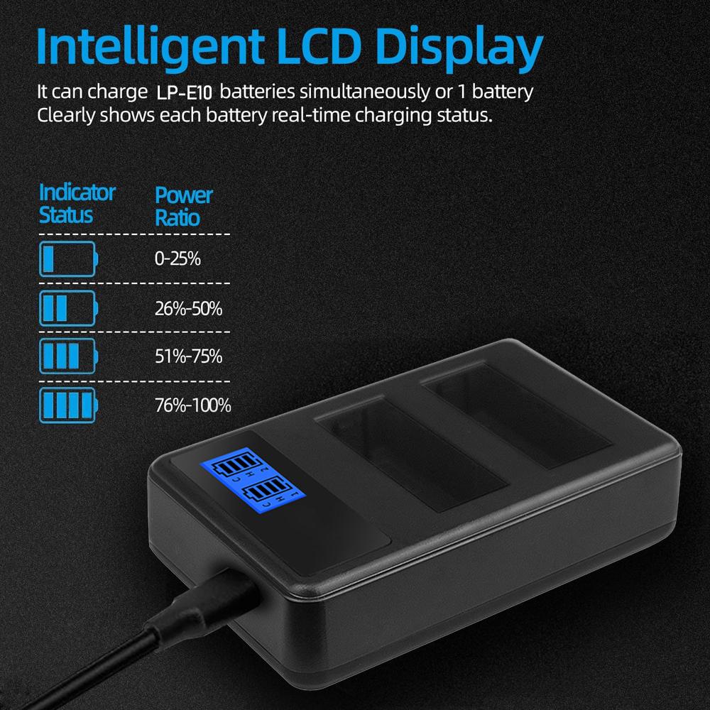 LP-E10 Dual-slot Camera Battery Charger Suitable for Canon EOsRebel T3,T5,T6,T7,EOS 1200D,EOS 1300D,EOS 2000D, EOS3000D Etc.