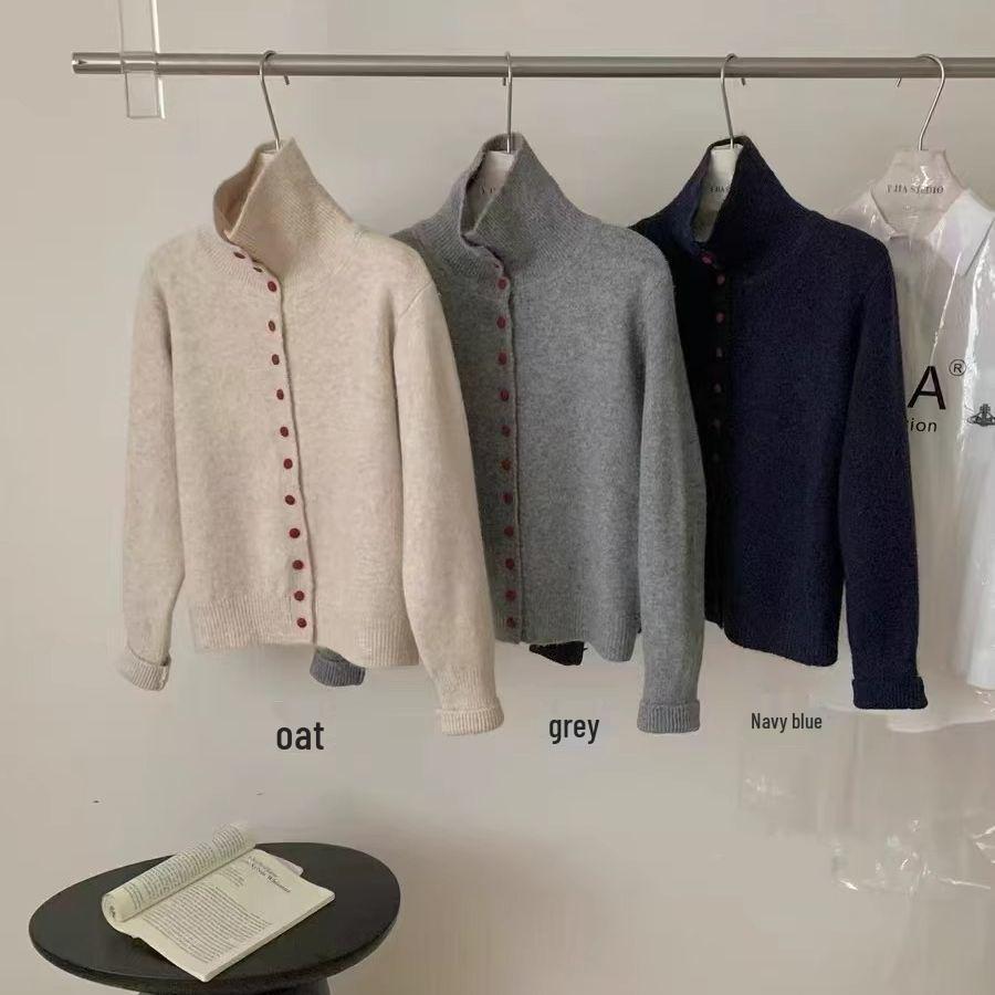 2024 A/W Women's High Neck Knit Cardigan - Single-Breasted, Solid Color, Loose Fit Sweater.