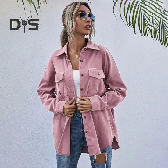 Spring Fall Coat with Chest Pockets Button-down Turn-down Collar Solid Color Corduroy Jacket Loose Casual Outerwear for Travel Work