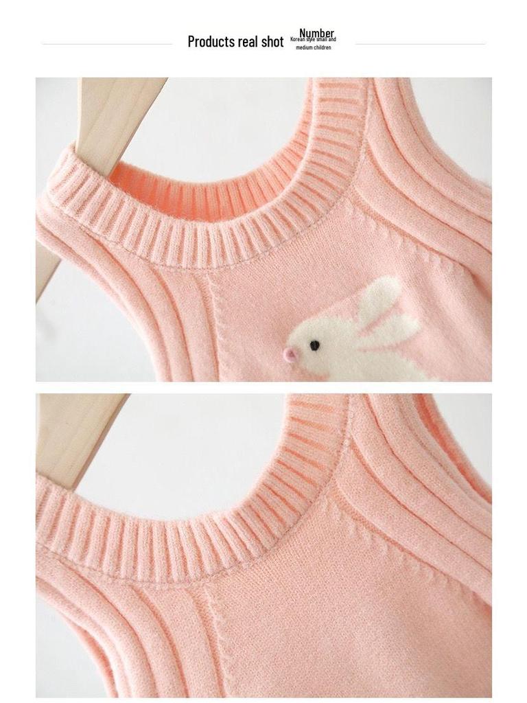 Κορεάτικο Πλεκτό Γιλέκο με Κουνέλι Κινουμένων Σχεδίων για Κορίτσια - Αμάνικο Φθινοπωρινό/Χειμερινό Πουλόβερ