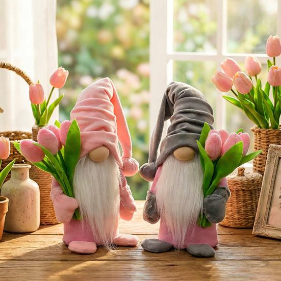 Valentine's Day Plush Gnome with Pink Tulips Spring Stuffed Gnome Doll for Tiered Tray Fireplace Table Decor Gifts for Her Wife Teacher Girls