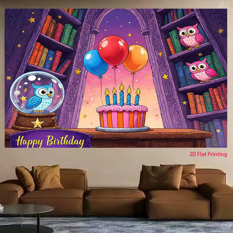 2D Harry Potter Style Birthday Backdrop, Magical Owls & Wizard Bookshelf Ban