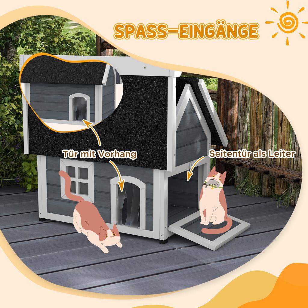 Outdoor Cat House, Wooden Feral Cat Shelter, with Openable Asphalt Roof, Three Doors - Grey