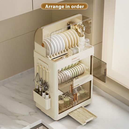 Stackable Tableware Storage Box Multi-Tier Dinnerware Organizer with Clear Lid Doors Hooks Dishes Plates Cups Storage Bins with Drainage Tray