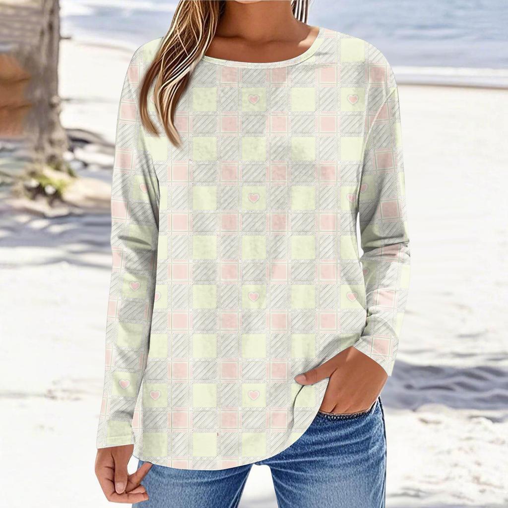 Damski casualowy top z długim rękawem, z nadrukiem walentynkowym, z okrągłym dekoltem