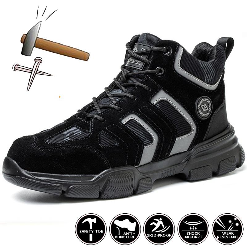 Gray Safety Shoes Men Lightweight Work Boots Safety Steel Toe Shoes Men European Standard Steel Toe Work Shoes Plus Size 38-48