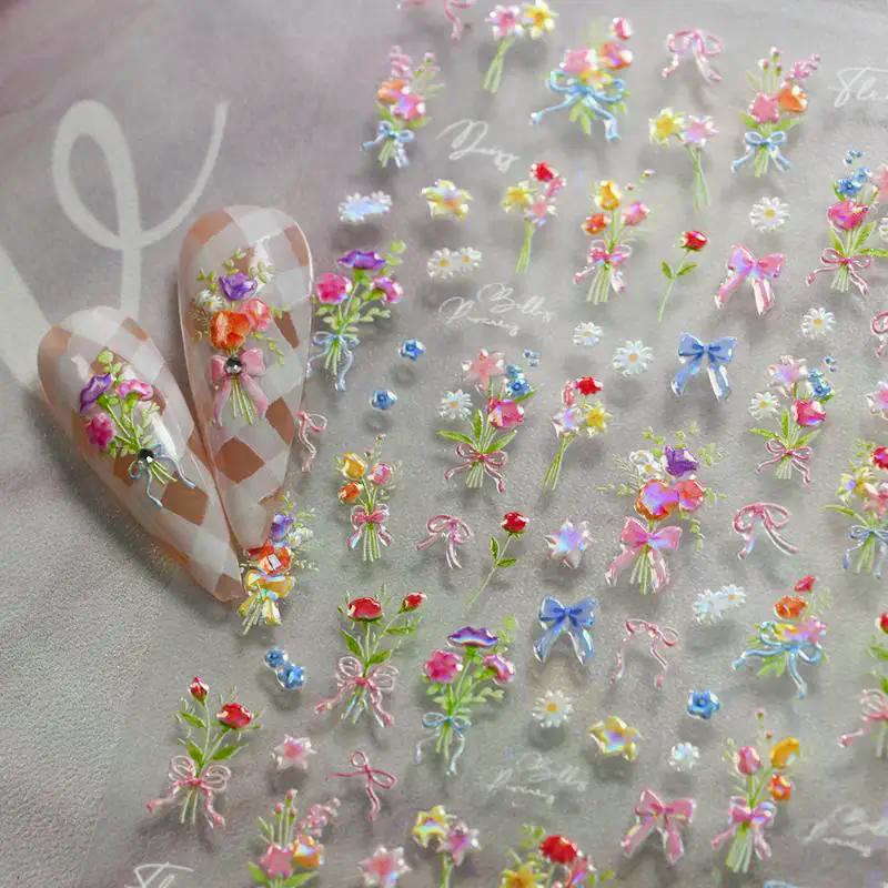 1 Sheet 3D Spring Flower Series Nail Stickers Colorful Rose Bouquet Nail Decal Self-Adhesive Ribbon Bow Manicure Sticker