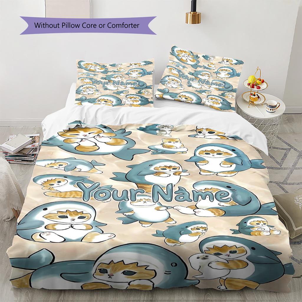 Penguin Cats Adventure Custom Name Pattern Bedding Quilt Set Quilt Cover Pillowcase Home Birthday Gift(1 * Duvet Cover + 2 * Pillowcase, Without Core)