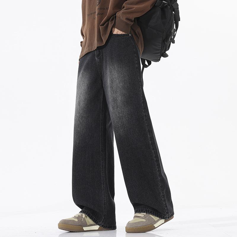 American Semi-Elastic Waist High Street Jeans Men's Loose Straight Wide Leg Pants