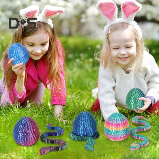 1 Set 3D Printed Snake Egg Figurine Movable Joints Snake Eggshell Figure Fidget Toy Snake Egg with Articulated Snake Inside Desktop Decoration