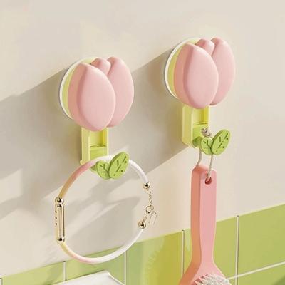 Platzsparend Kunststoff Tulpe Saugnapf Haken Abnehmbar Blume Form Wandmontiert Haken Niedlich Ohne Bohren Handtuchhalter Küche