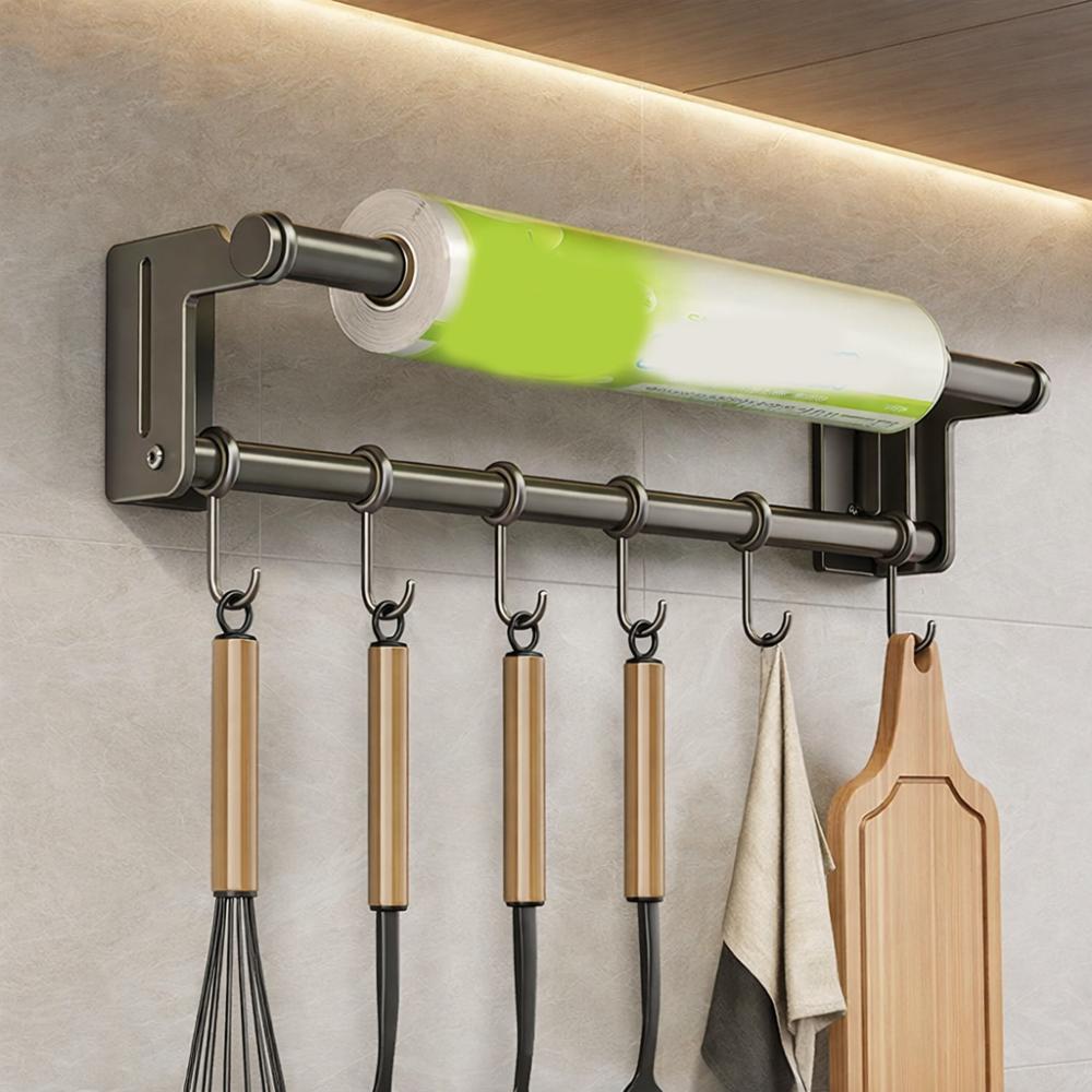

Stainless Steel Utensil Storage Rack Wall Mounted Cling Film Storage Rack for Kitchenware 6 Hooks
