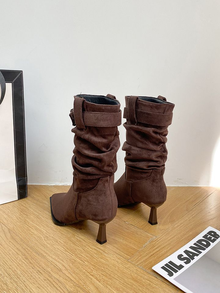 Retro Suede Pointed High-heeled Pleated Piled Boots Women's 2025 Autumn and Winter New Belt Buckle Medium Tube Temperament Martin Boots
