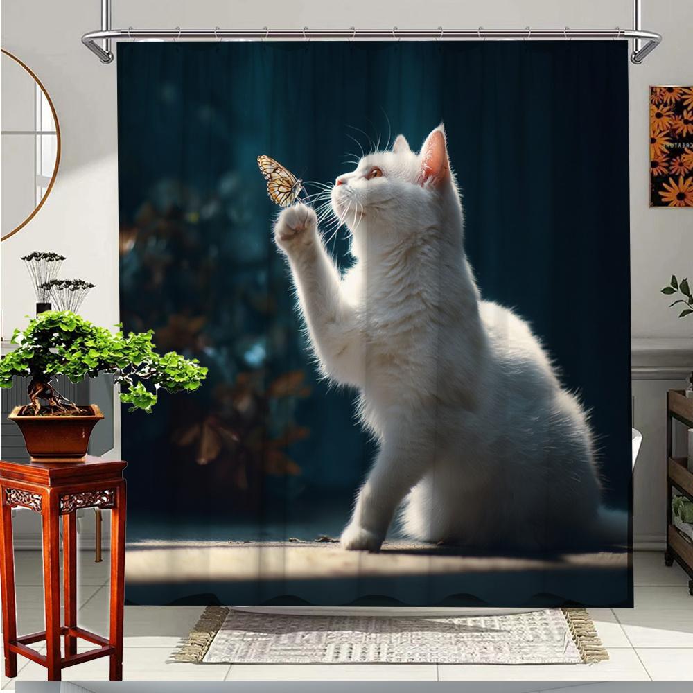 

1pc Extra Large Shower Curtain - Cute White Fluffy Kitten & Butterfly Bathroom Decor, Teal Background, Washable Polyester Fabric 90x180cm