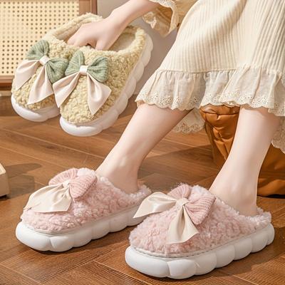 Pantuflas de Felpa Cálidas de Invierno para Mujer, Zapatos Casuales de Interior para el Hogar de Color Sólido con Lazo, Suela Gruesa Antideslizante, Pantuflas Esenciales para el Hogar para Otoño e Invierno
