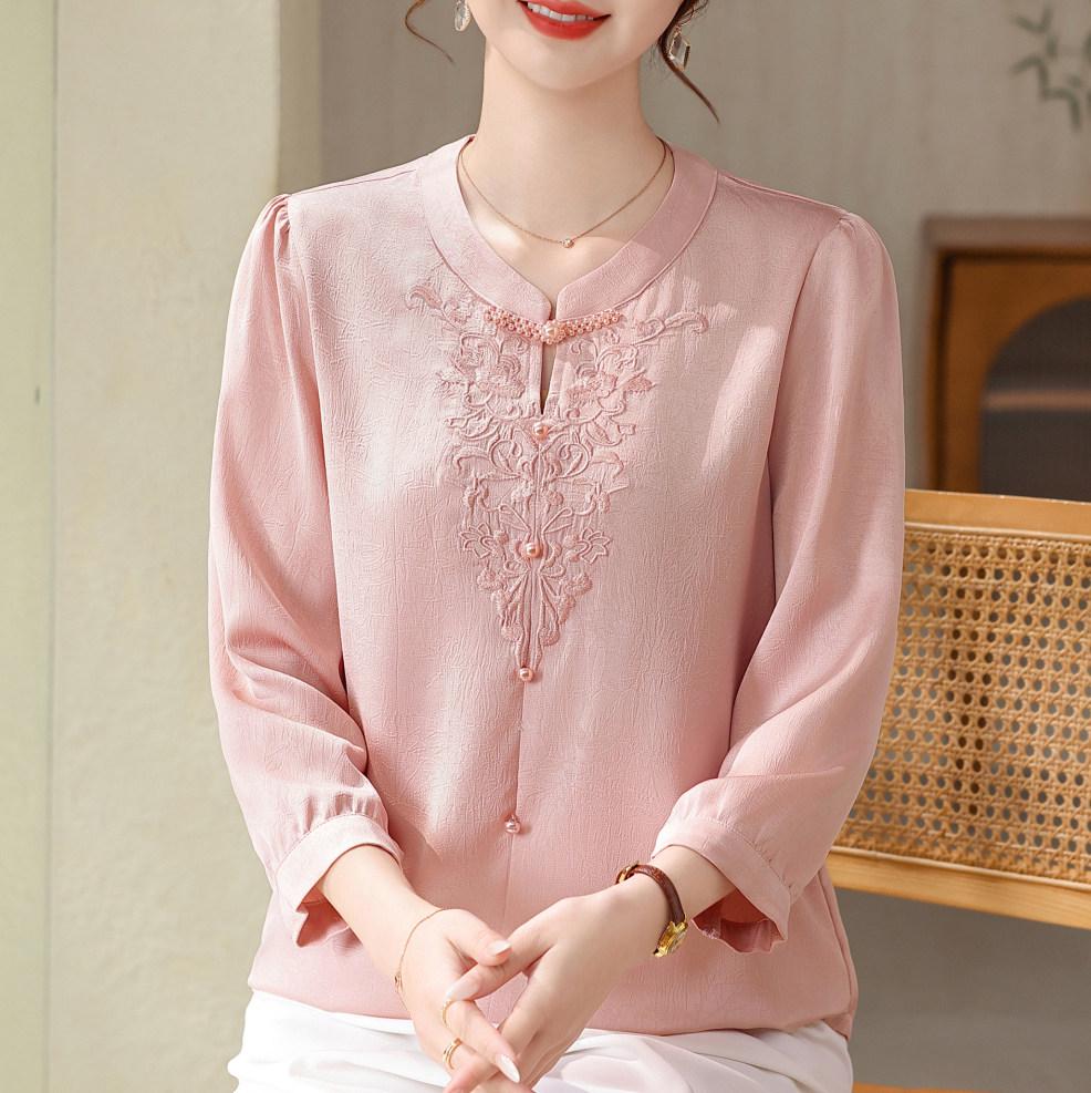 Mom's Spring Style: New 2026 Chinese-Inspired Blouse for Middle-Aged & Elderly Women - Round Neck, Thin Fabric