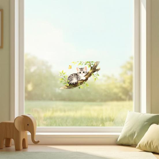 Yousheng Cartoon Cat On The Tree Branch Window Cling, Cute Watercolor Cat Butterflies Plants Window Sticker for Kids Room Bathroom Living Room