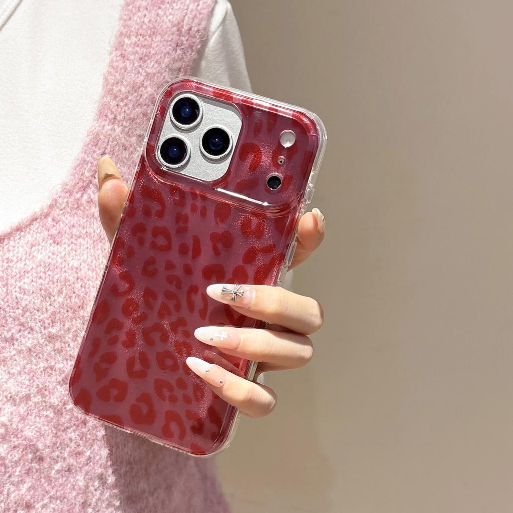 Large window double-layer imd red leopard print for iPhone17proamx mobile phone case Apple personalized protective case