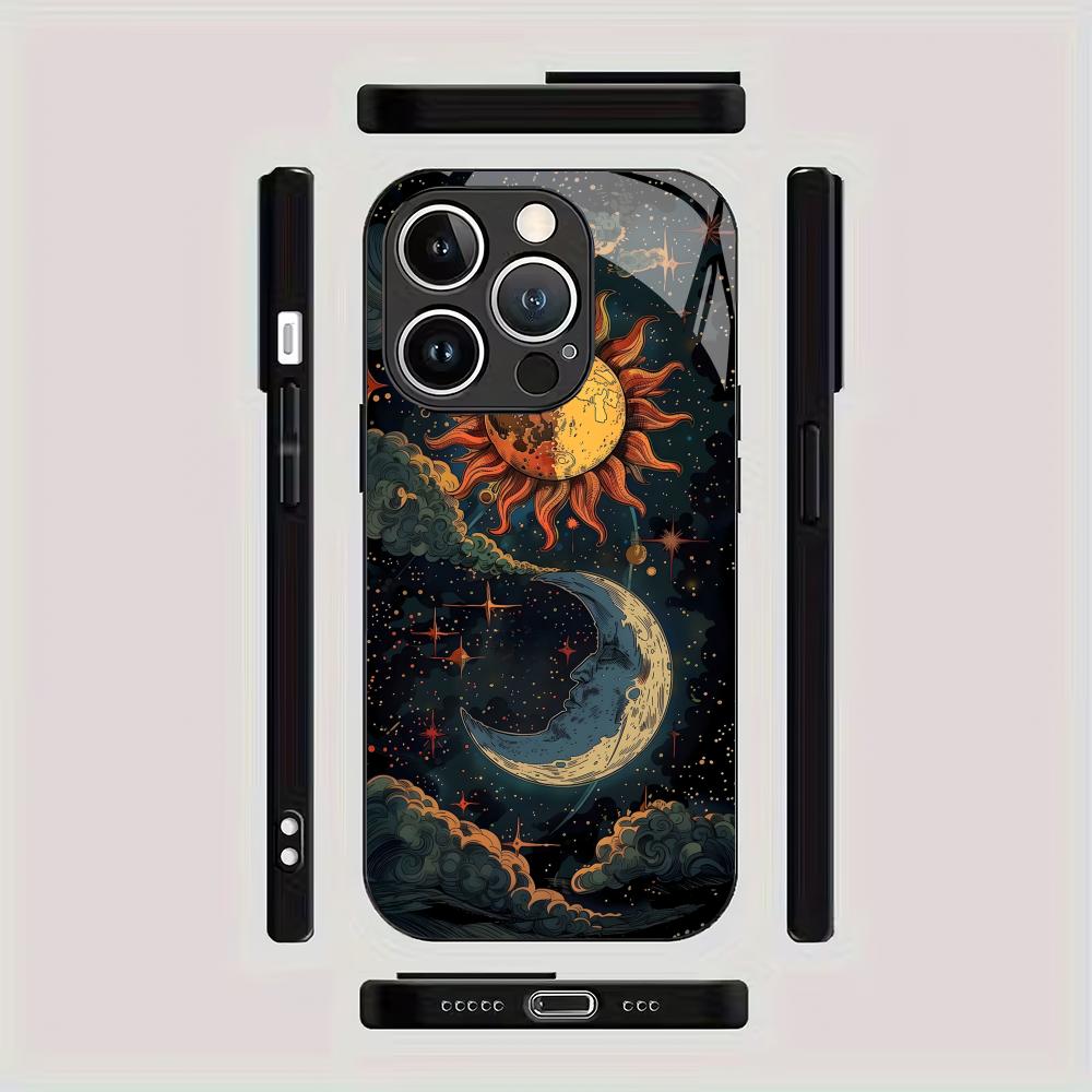 Sun, moon and stars pattern glass mobile phone case suitable for iPhone 17/16/15/14/13/12/11Pro Max all-inclusive anti-fall