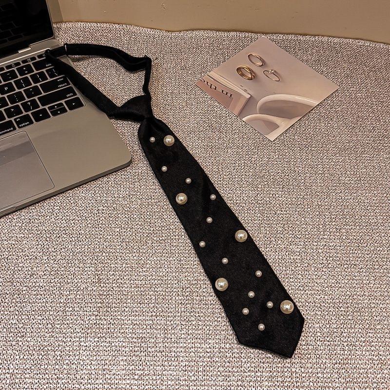 Pre Tied Black Fashion Neckties With Faux Pearl Rhinestone Decor Perfect For Party Wedding Daily Wear Special Events