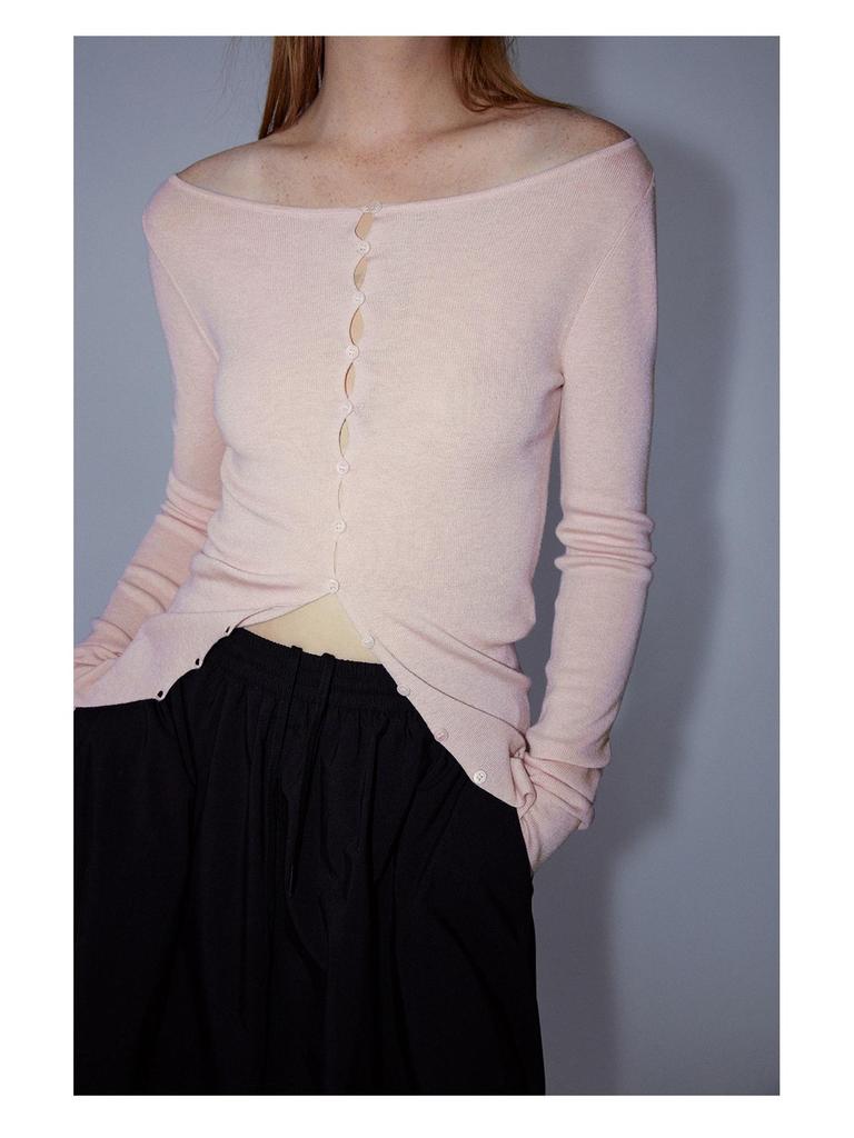 [Shi Shi] Women's Slim Fit Wool Cardigan - Boat Neck, Single-Breasted, Long Sleeve, Slightly Elastic, V8141