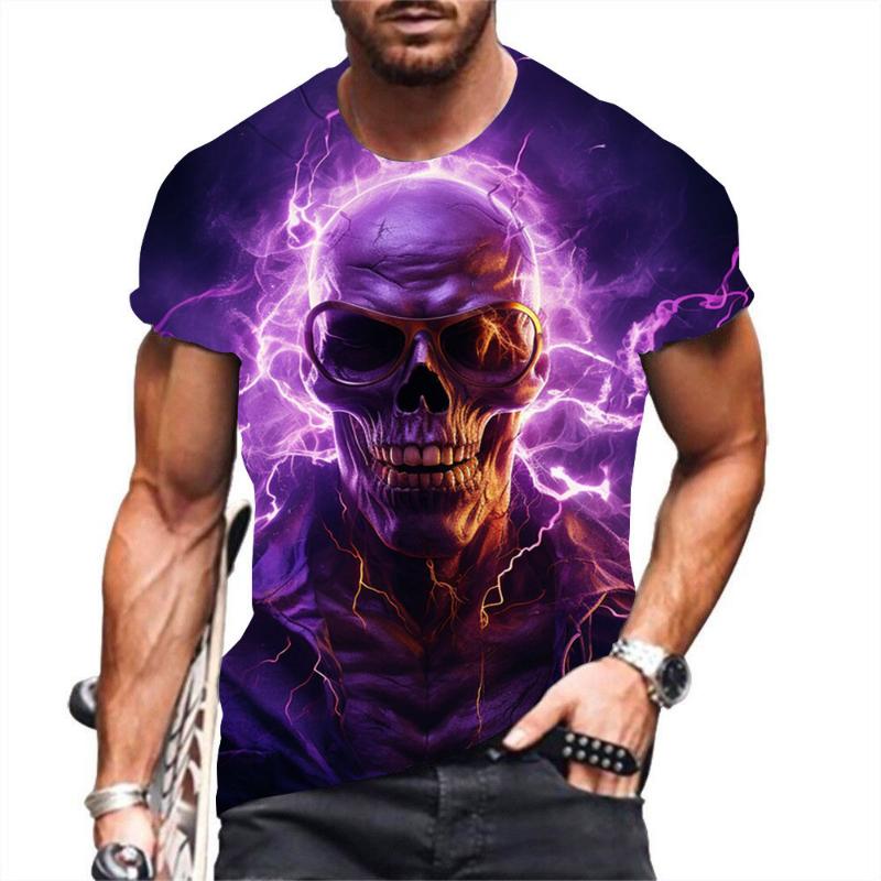 Fashion Men's Crew Neck Short Sleeve 3D Skull Color Printed Skull Short Sleeve Crew Neck T-Shirt