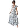 Spring and Summer New Printed Lotus Leaf Edge V-neck Sexy Slim and Thin Long Dress Dress