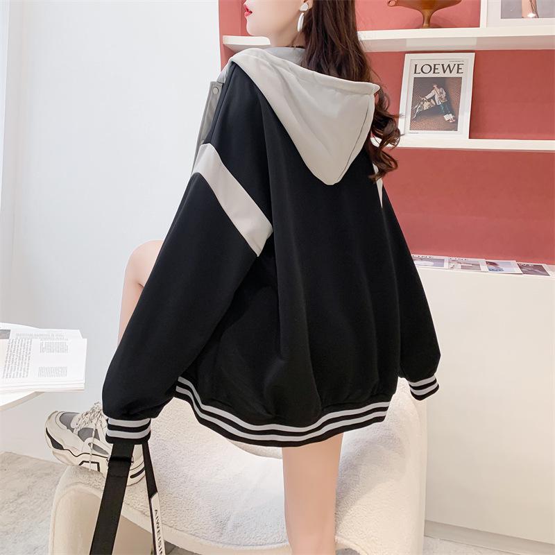 Women's Korean-Style Color Block Zipper Hoodie - Loose Fit, Spring/Autumn.