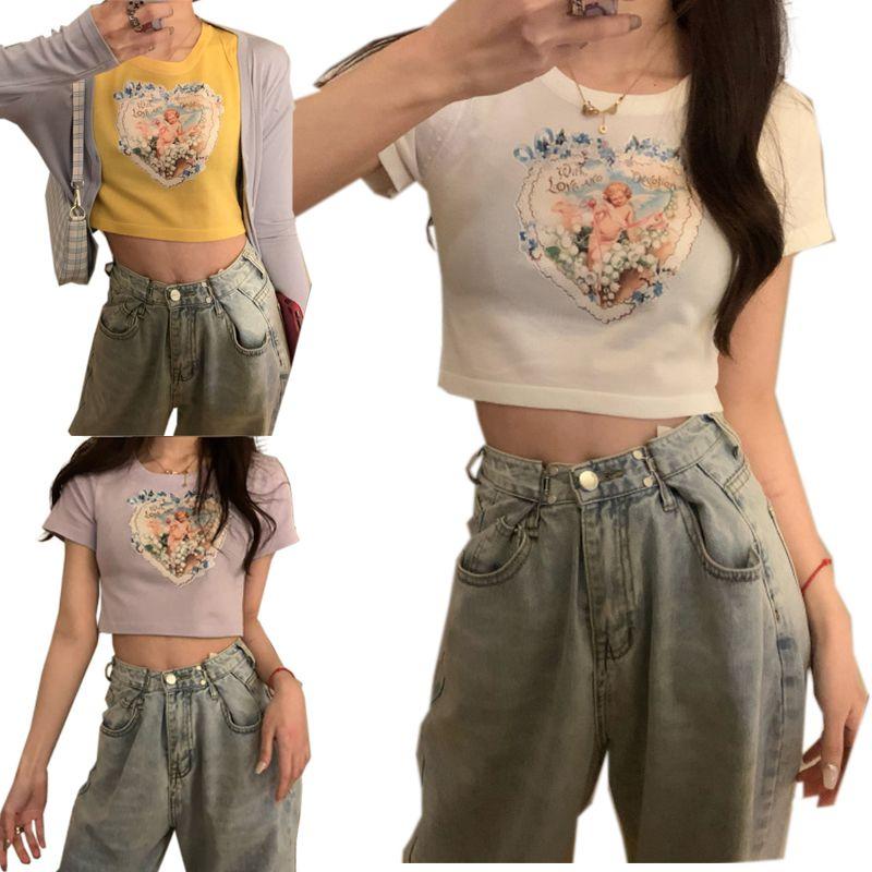 Elegant Angels Aesthetic Vintage T-shirts For Women With 90s Graphic Korean Style