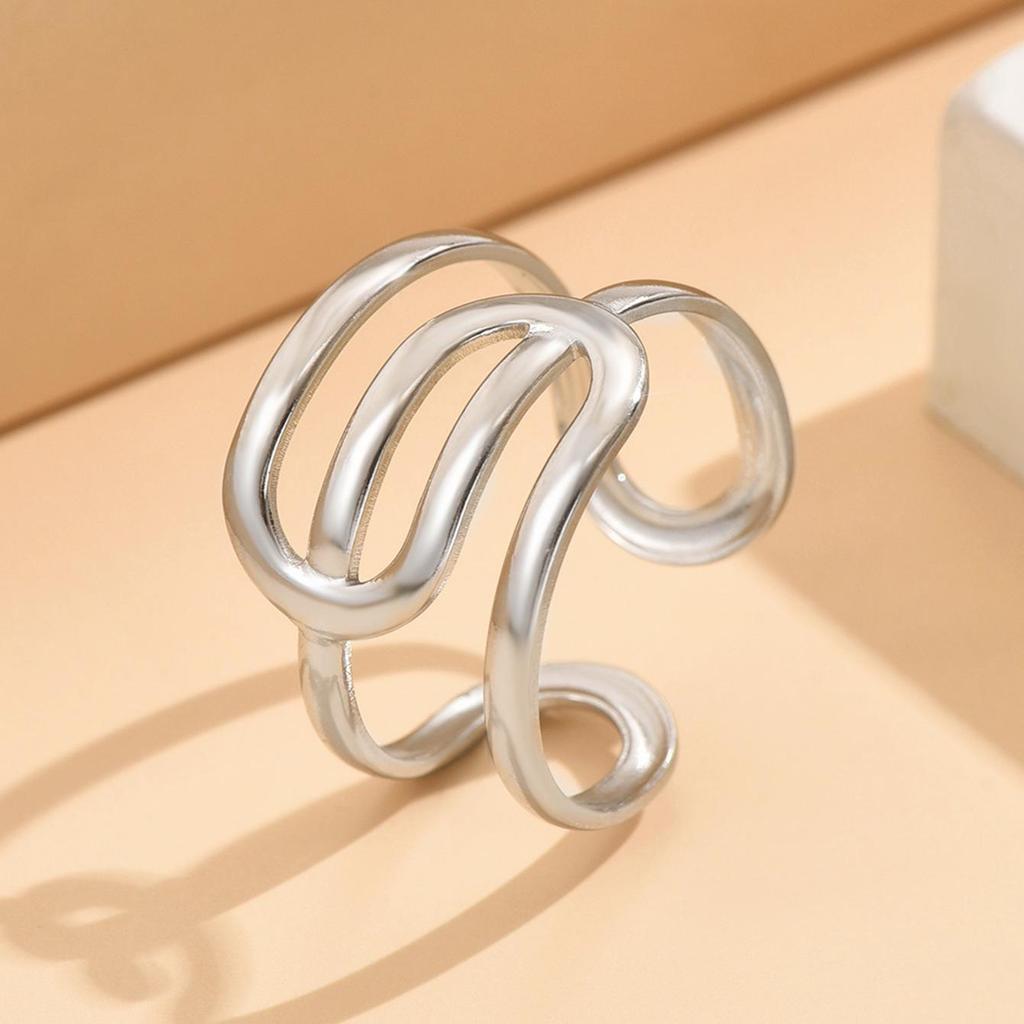 Geometric Lines Adjustable Stainless Steel Open Ring for Women