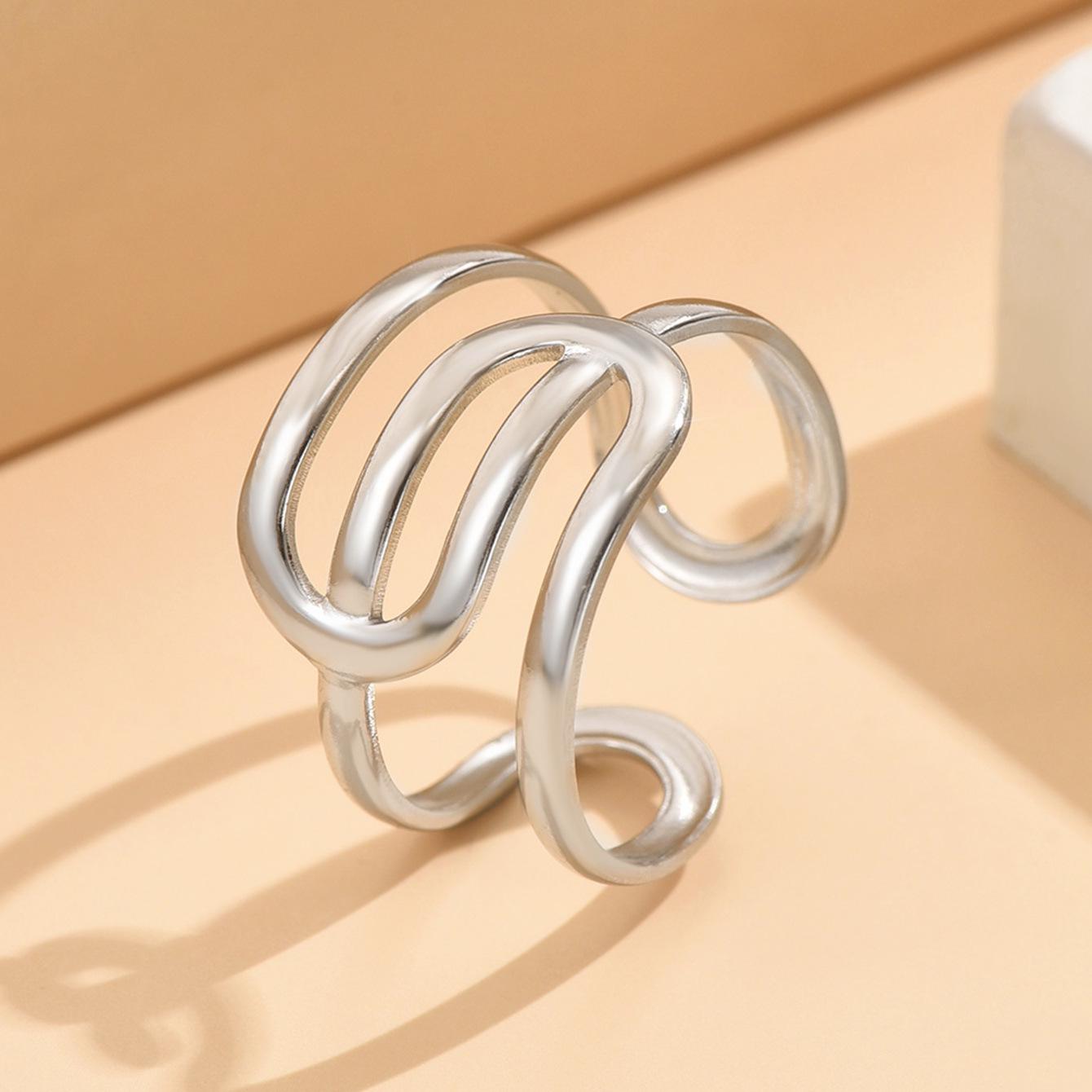 Geometric Lines Adjustable Stainless Steel Open Ring for Women