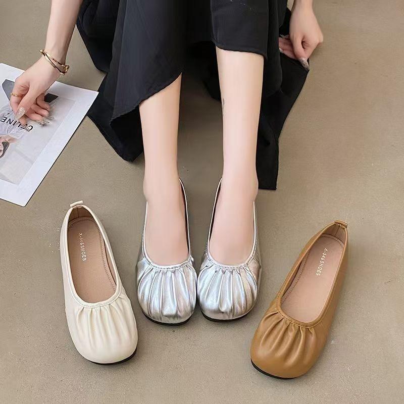 New Four Seasons Mary Jane Pleated Shallow Mouth Single Shoes Women's Soft Flats One-pedal Shoes