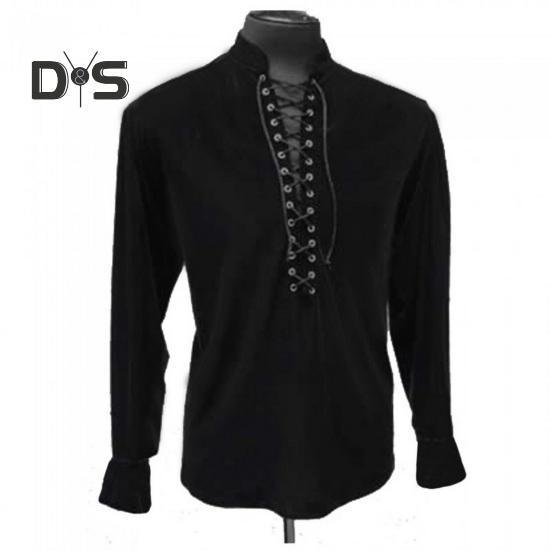 Весна Осень Мужская Рубашка На Шнуровке Воротник-стойка Длинные Рукава Однотонный Цвет — фото 5