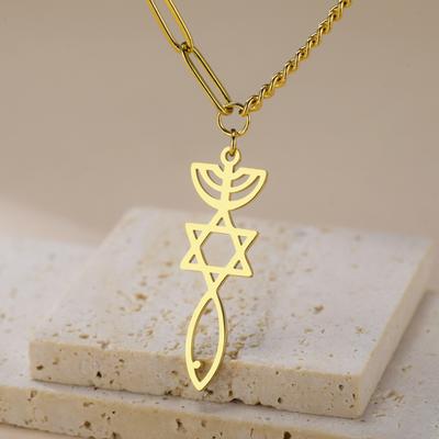 Teamer Je Messianisches Siegel Menora Davidstern Ichthys Anhänger Halskette für Frauen Männer Edelstahl Halskette Schmuck