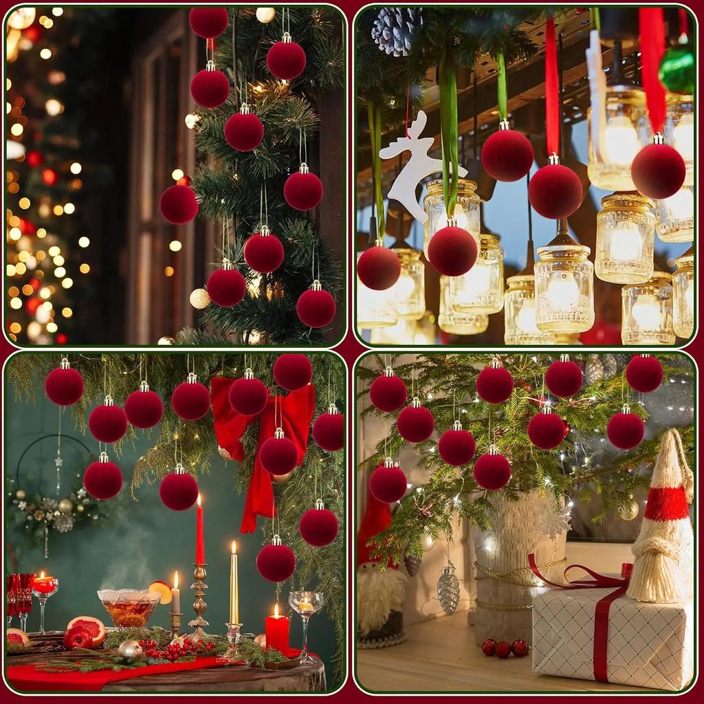 Christmas Red Velvet Flocked Balls Ornaments Hanging Ball Pendents Festive Decor for Xmas Tree Holiday Party Decoration Supplies