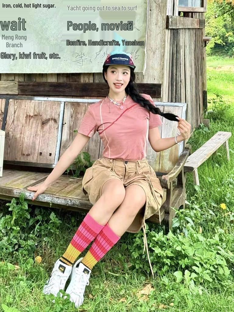 Contrast Double Line Summer Girls Short Sleeve Outdoor Sports T-Shirt - Yellow Goose