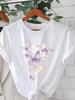 Women's Crew Neck Short Sleeve Cotton T-Shirt, White Regular Fit Casual Top With Pink Butterfly Graphic Print, Medium Stretch Knit Fabric, Soft Com