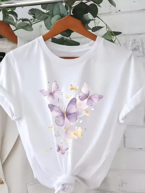Women's Crew Neck Short Sleeve Cotton T-Shirt, White Regular Fit Casual Top With Pink Butterfly Graphic Print, Medium Stretch Knit Fabric, Soft Com